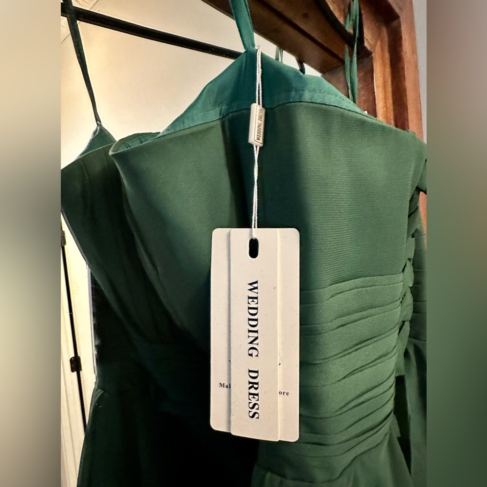 Dark green chiffon short formal dress with corset tie in back - Picture 4 of 7